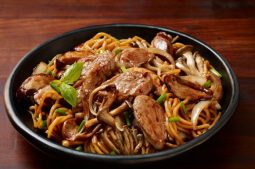 Cantonese Soy Garlic Pork Fillet and Mushrooms with Egg Noodles